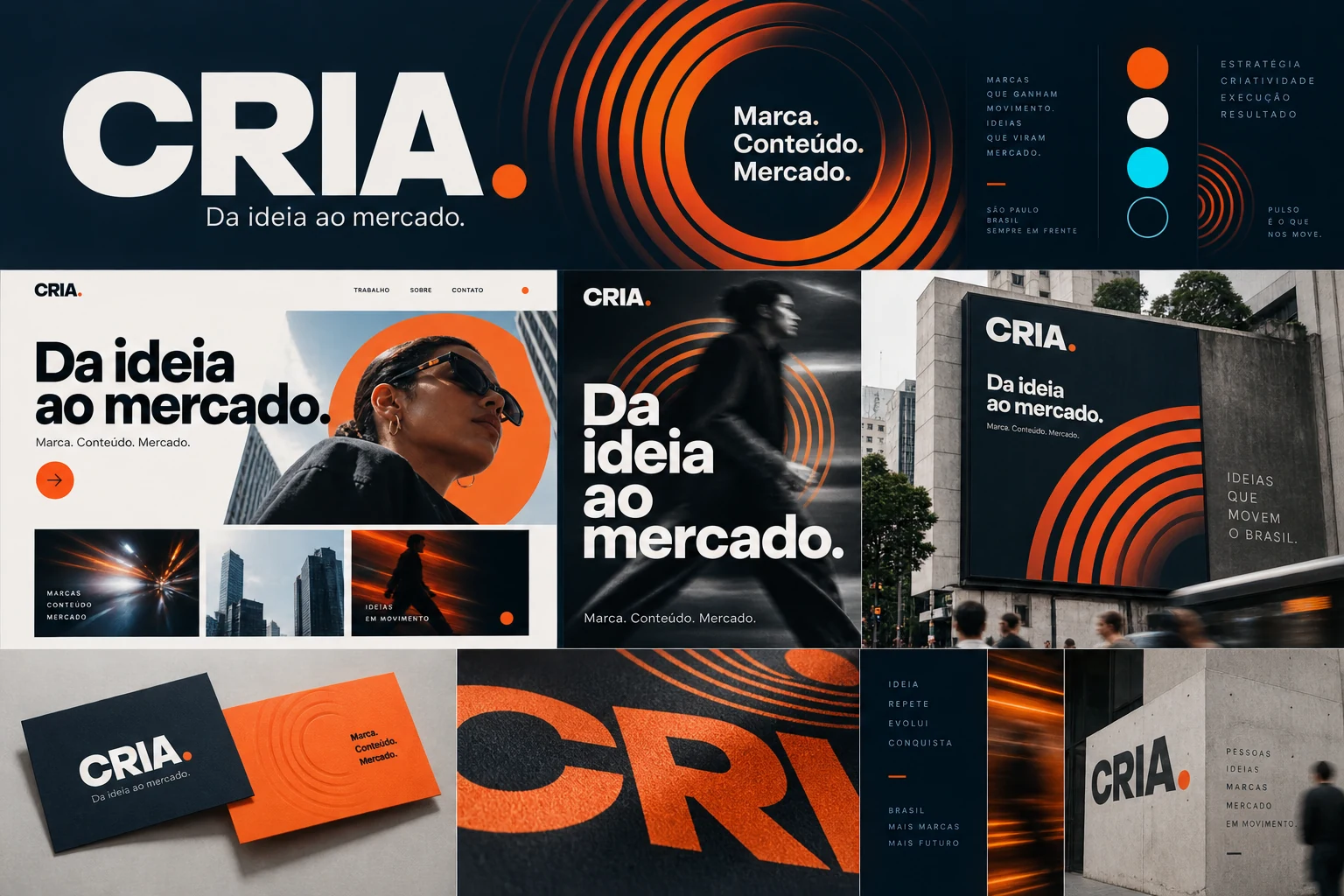 The full CRIA identity: bold wordmark, orange concentric rings, four-color palette, website, vertical campaign, urban billboard, business cards, printed textures and architectural signage