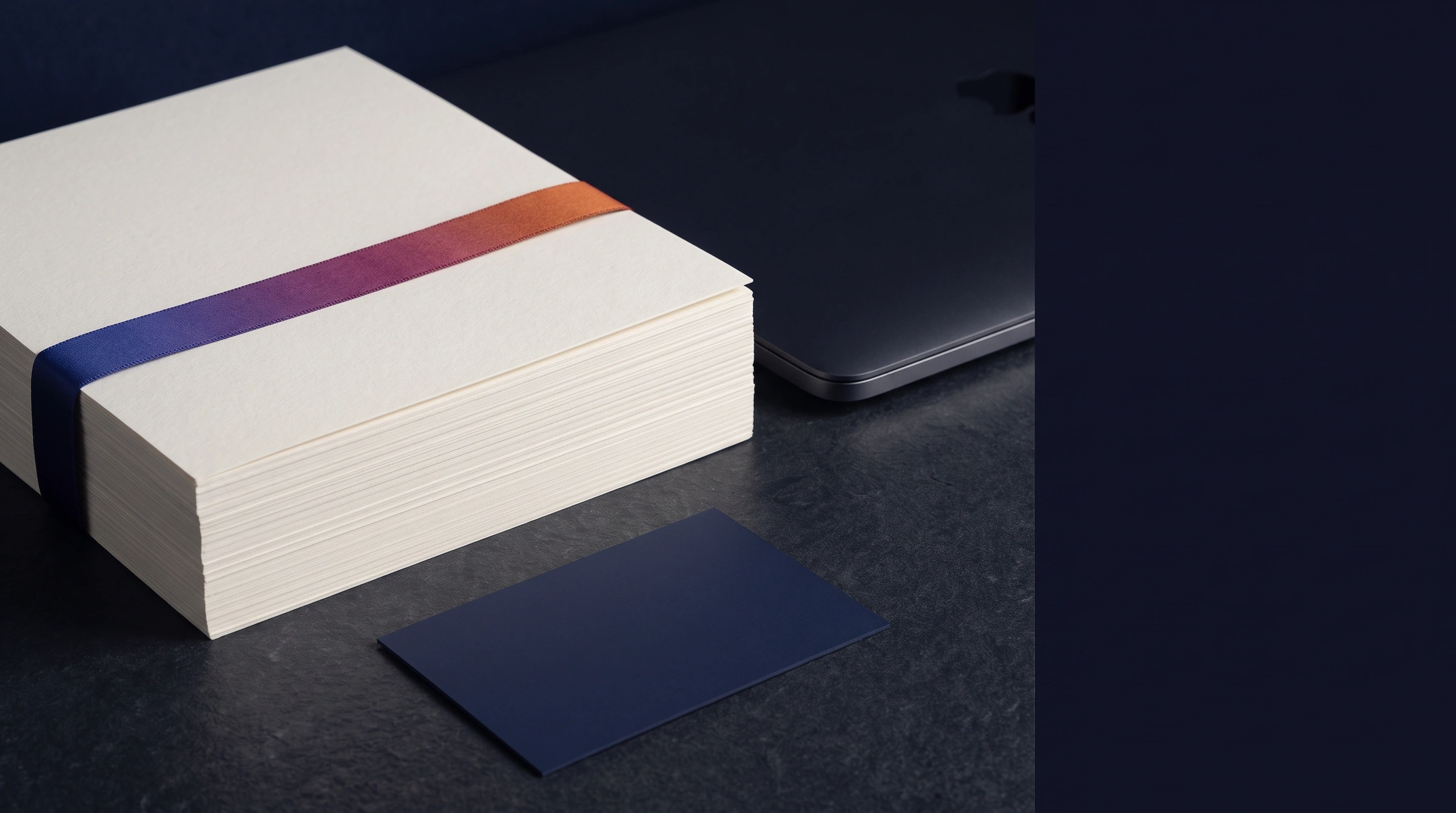 AlphaJuri editorial artwork with paper, indigo surfaces and a gradient ribbon