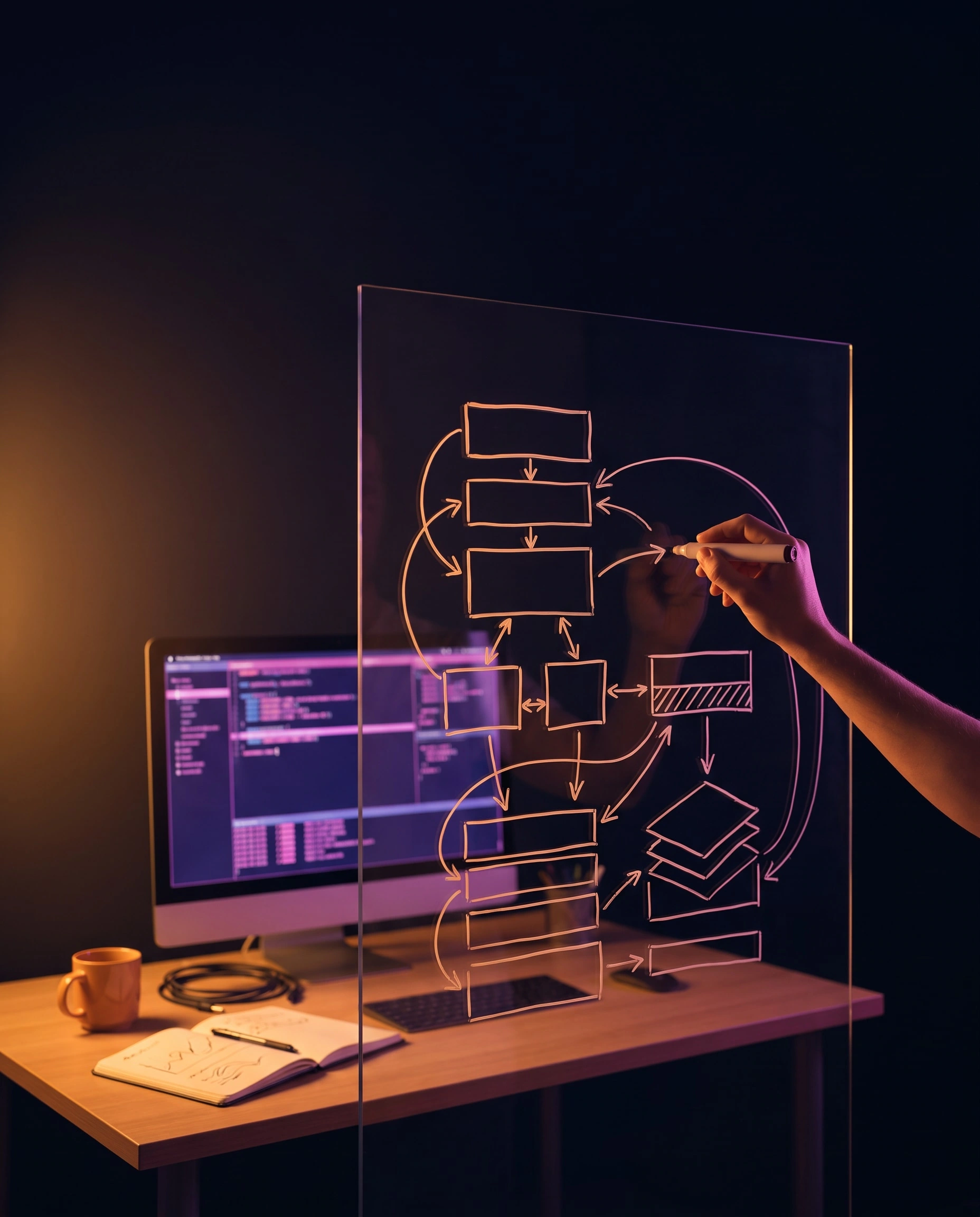 Avante creative showing a hand drawing a system on glass, lit in amber and violet
