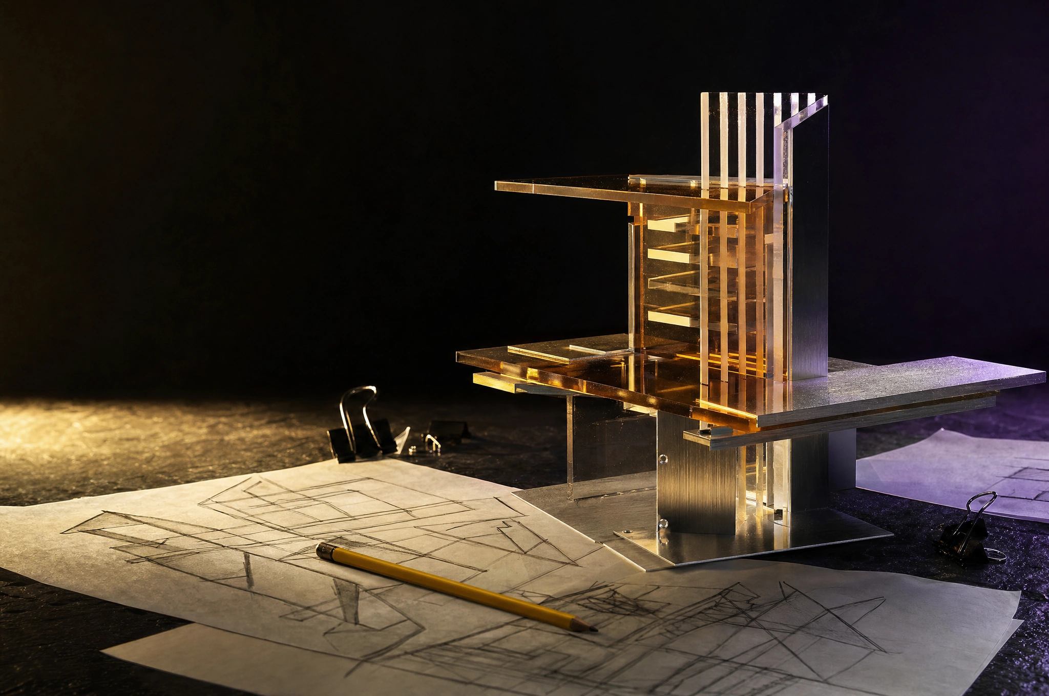 An unfinished amber acrylic and aluminium prototype on a dark venture-building workbench