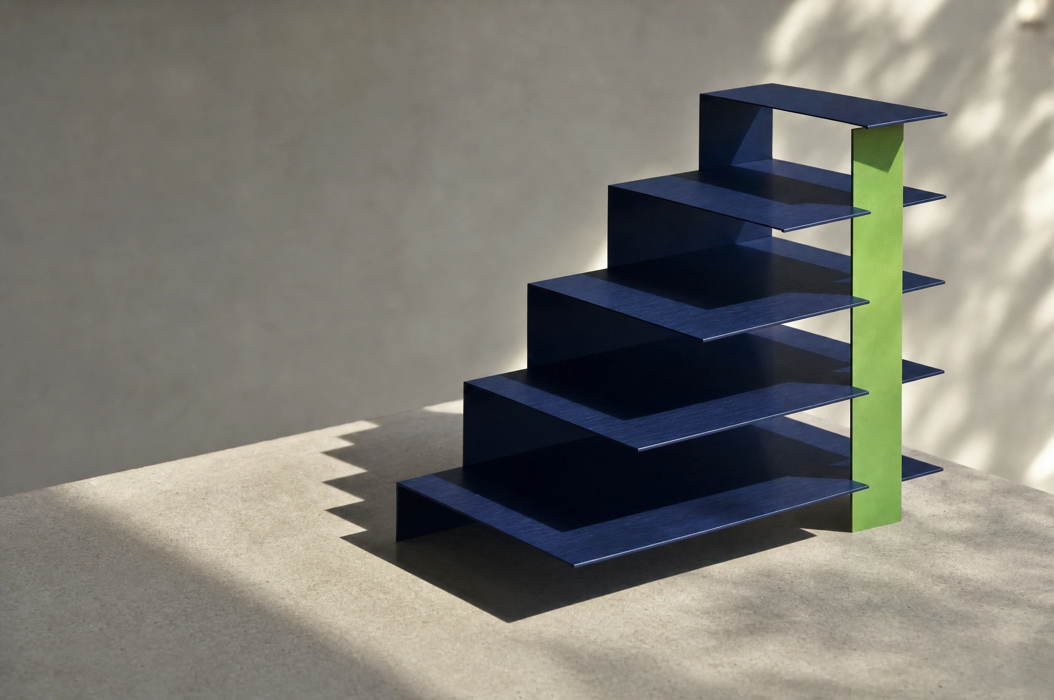 A physical architectural model with stepped navy metal planes and a green structural support