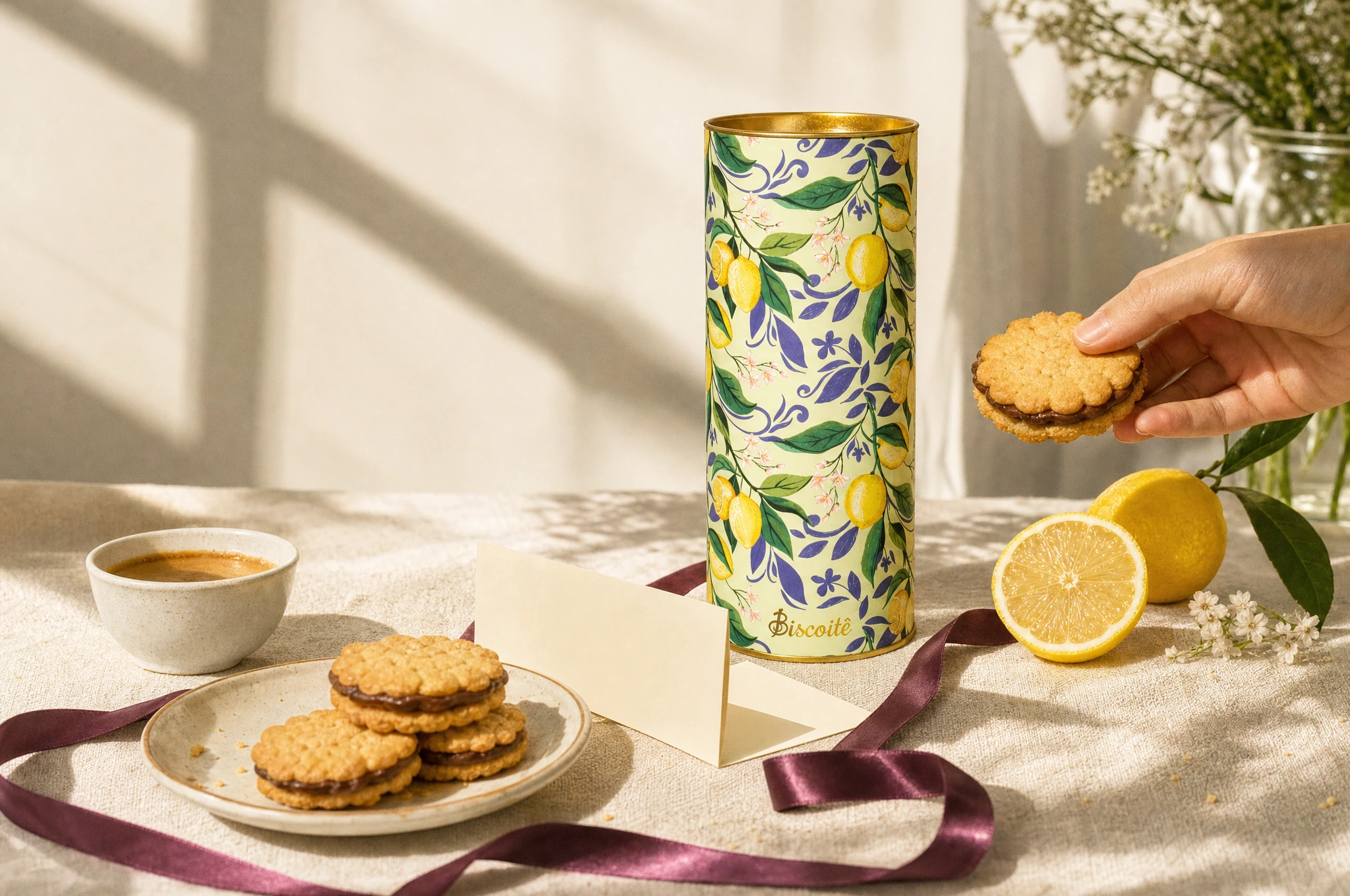 Biscoitê Limone tin on linen with a plum ribbon, coffee and lemon biscuits