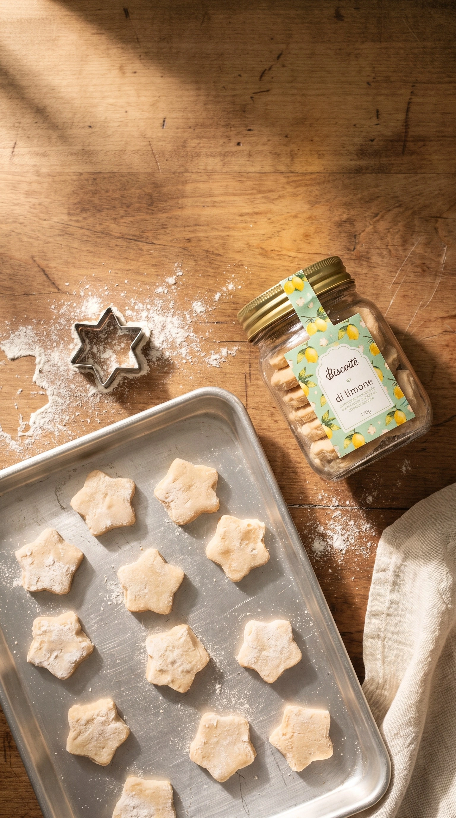 Biscoitê creative: lemon biscuits, a baking tray and flour in warm window light