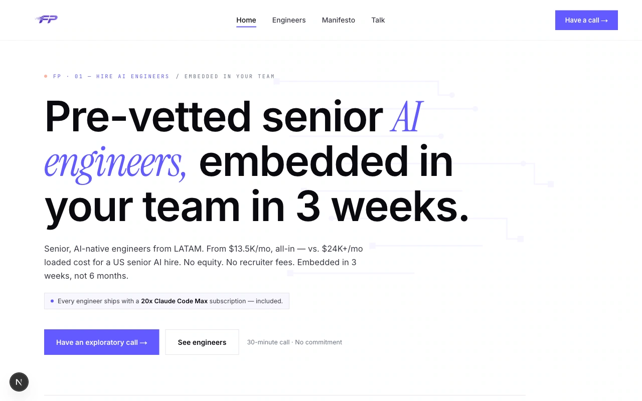 FutureProofing website design with expressive purple typography and its AI engineering offer