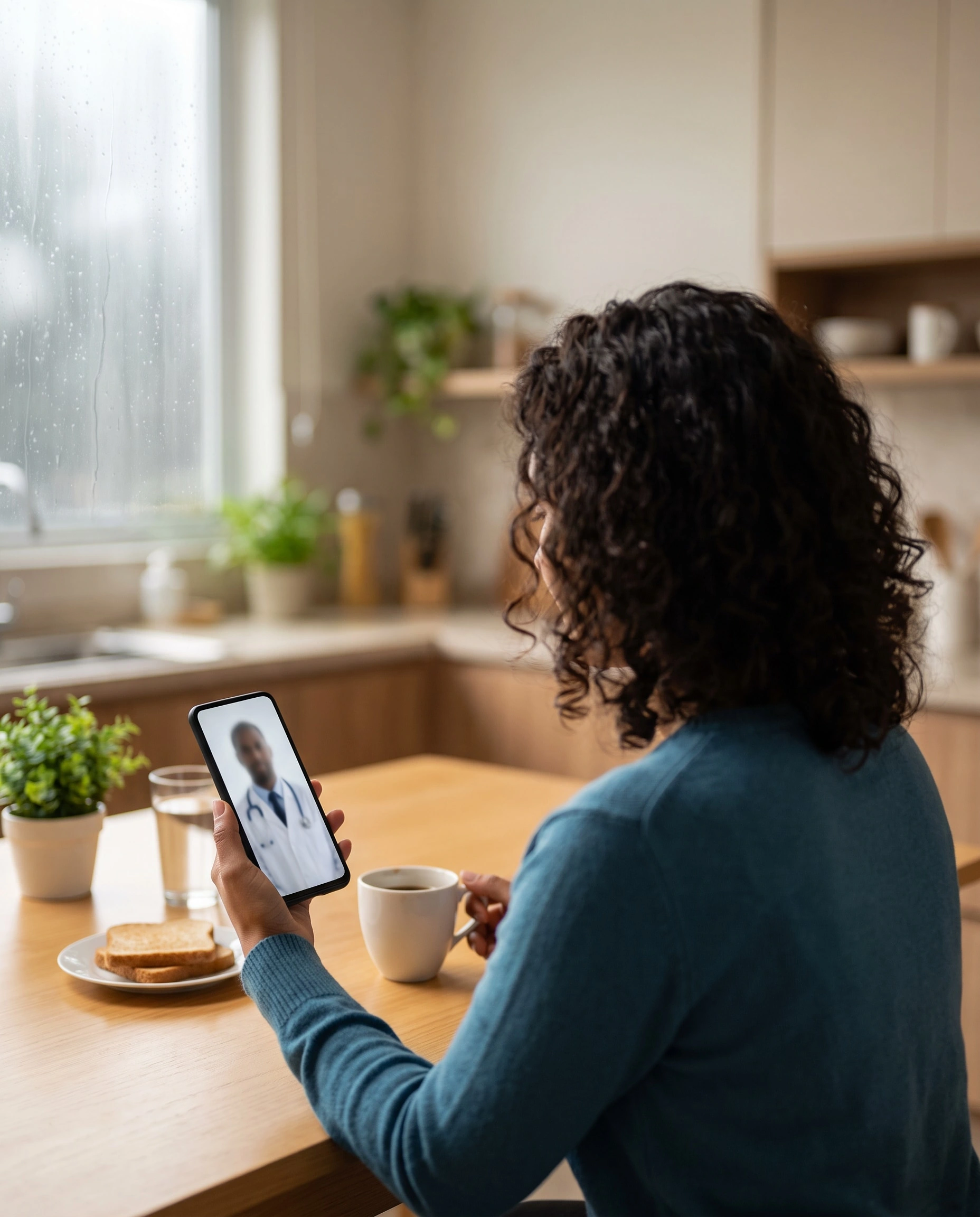 Plantão 24h creative showing an everyday video consultation at a kitchen table