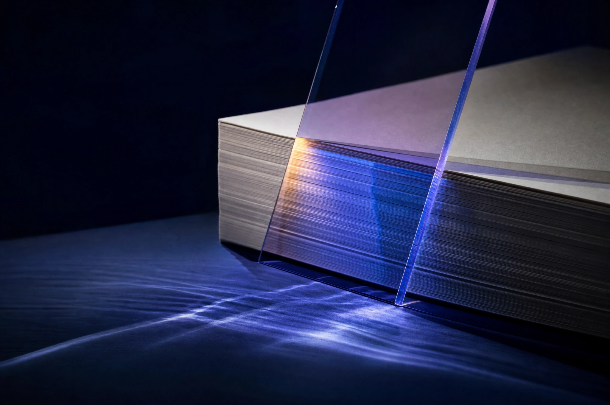 Violet optical glass refracting a stack of insurance papers against midnight blue